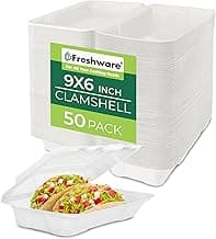 Compostable Clamshell Food Containers [9x6" 50-Pack] Disposable To Go Containers, Biodegradable Sugarcane To Go Boxes - Heavy Duty Paper Containers - Microwave & Freezer Safe, Stackable