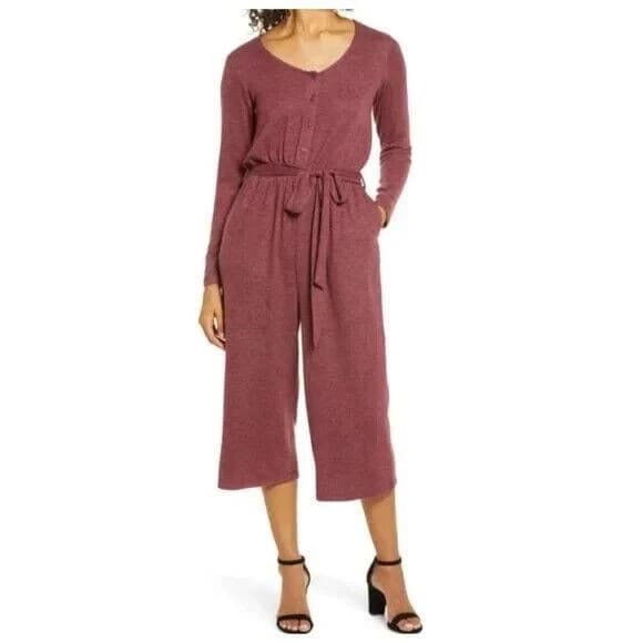 Bobeau Women's Long Sleeve Brushed Sweater Knit Jumpsuit
