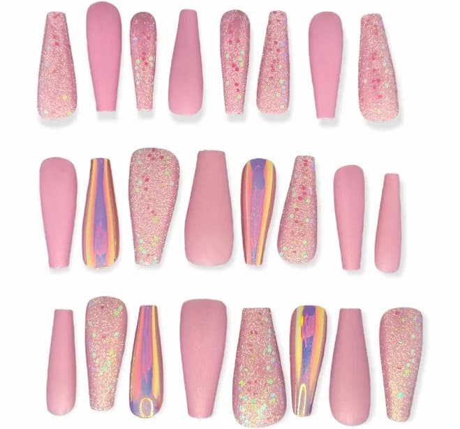 Pink Coffin Iridescent Press On Nails Artificial Nails Coffin Shape 24
