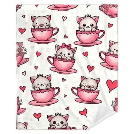 1pc Cute Kitten & Teacup Flannel Blanket | Pink & White Cat Print with Polka Dots & Hearts, 280gsm Heavy-Duty Soft Bedspread for Bed, Sofa, Travel -