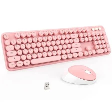 Wireless And Mouse Combo Cute Colorful 104 Keys Typewriter Retro Round Keycaps For Pc Laptop Desktop Windows Home Office Keyboards(pink White)