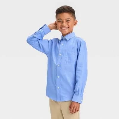 Boys' Long Sleeve Woven Button-Down Shirt - Cat & Jack Light Blue S: Herringbone Pattern,
