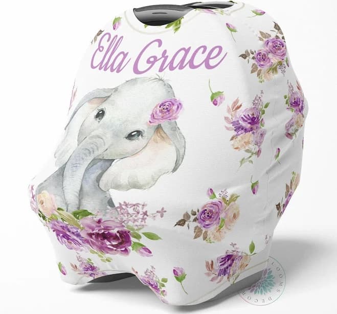 Elephant Baby Car Seat Canopy Cover Purple Lavender Lilac Flowers Girl Baby Shower Gift Shopping Cart Highchair Nursing Privacy Cover C112