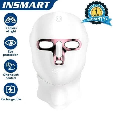Insmart LED Face Mask for Face and Neck - 7 Color Light Therapy Photon Mask, Rechargeable Anti-Aging & Skin Rejuvenation, Wireless Design, White