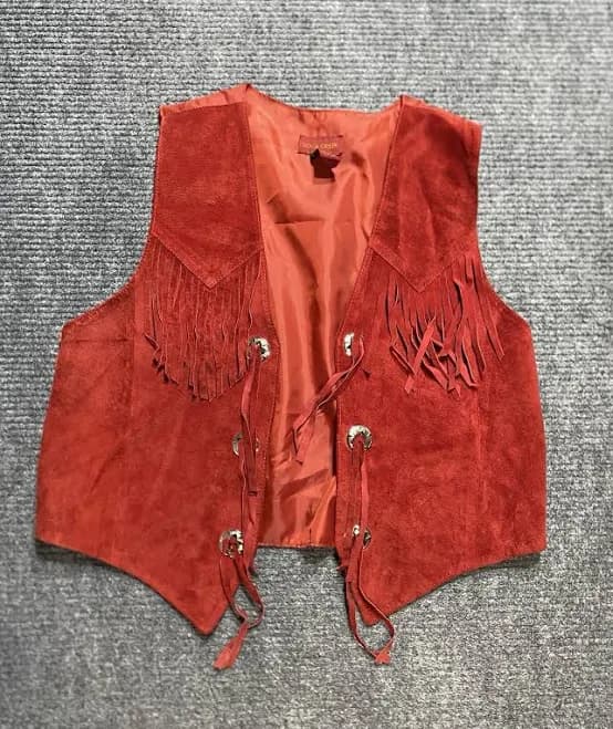 Vintage Red Suede Vest Womens Large Fringe Tassels Western Cowgirl