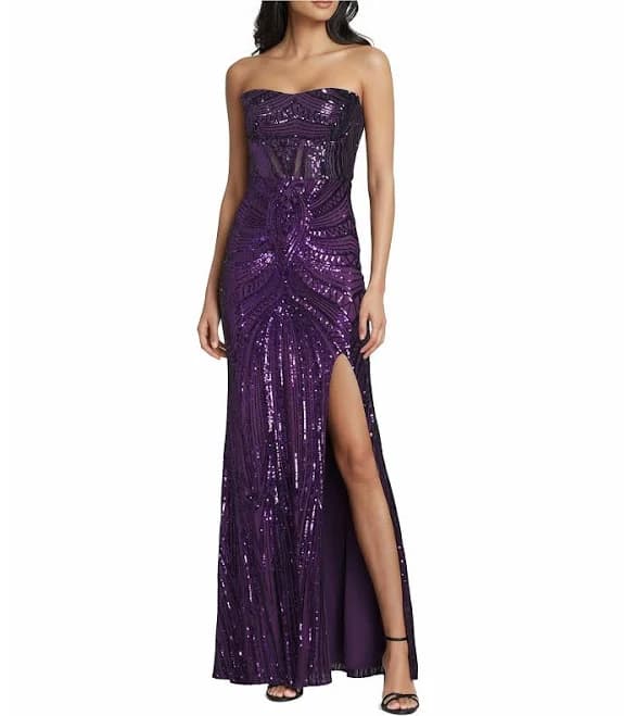 B. Darlin Women's Strapless Corseted Sequin Prom Dress with Side Slit