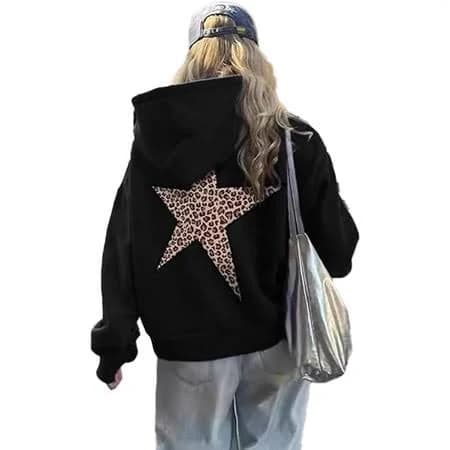 Fashoft Oversized Graphic Hoodies for Womens Y2k Star Print Sweatshirts Cheetah Pullover Tops Black S, Women's, Size: Small