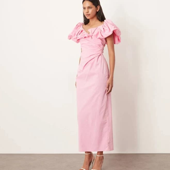 ARRANGE Off The Shoulder Ruched Puff Sleeve Maxi Dress