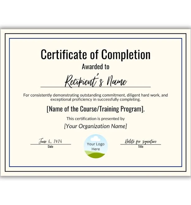 Certificate of Completion Professional Template | Customizable Training Certificate | DIY Recognition Award | Editable Business Award |