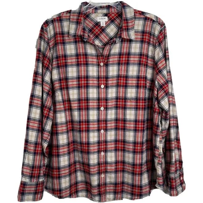 J Crew Womens 2x Red White Blue Plaid Button Up Flannel Shirt