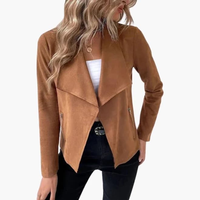 Open-Front Suede Jacket with Draped Lapels