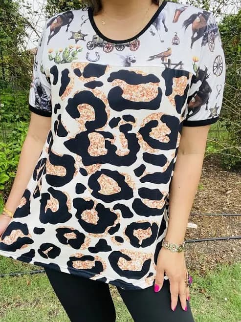 Western & Leopard Prints Color Block Short Sleeve Top