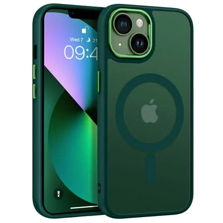 Domaver Magnetic iPhone 13 Case / iPhone 14 Case (6.1 inch) - Slim Matte Translucent Cover | MagSafe Compatible | Shockproof Protective | Dark Green