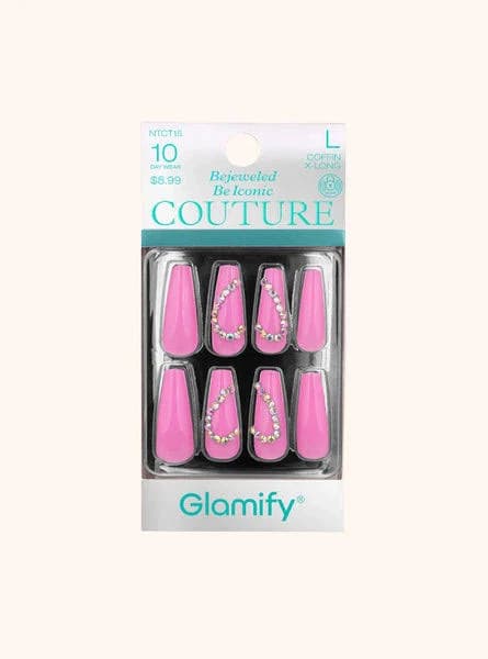 Glamify Couture Press On Nails Coffin X Long Pink Crystal Accent NTCT15