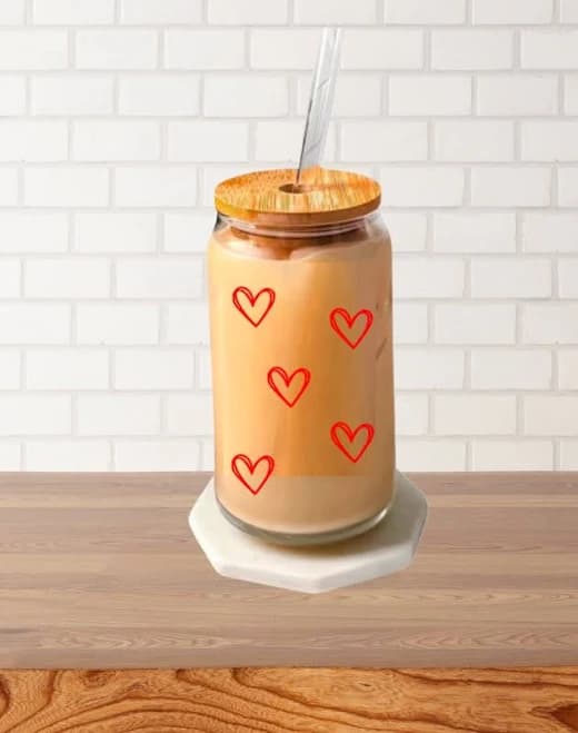 Valentines Day Cup, Heart Glass Cup, Cute Valentines Day Gift, Valentines Iced Coffee Glass Cup, Valentines Gift for Her, Valentines iced
