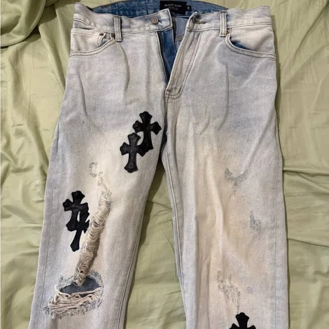 Men's Distressed Cross Patch Jeans