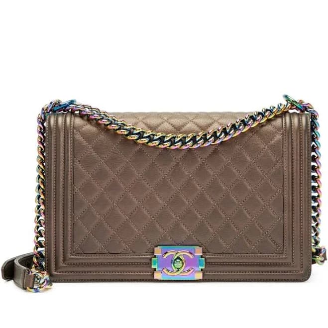 Pre Loved Chanel Iridescent Quilted Leather Boy Flap Bag with Rainbow Chain -. CHANEL. Brown. Women's Bags & Handbags. 4741641926392.