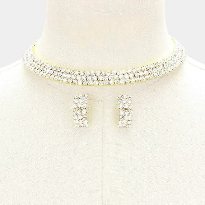 L&M Bling Three Row Rhinestone Choker in Gold