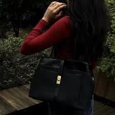 Black Faux Leather Tote Bag – Structured Work Purse with Gold Clasp