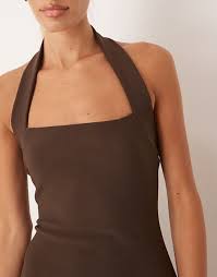 Mango compact knit halter maxi dress in chocolate | ASOS