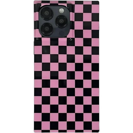 Pink Checkered Phone Case for iPhone 14 Pro Max (6.7in) Cute Checkerboard Checker Flag Print Glossy Slim Trendy Edge Strong Shockproof Cover for