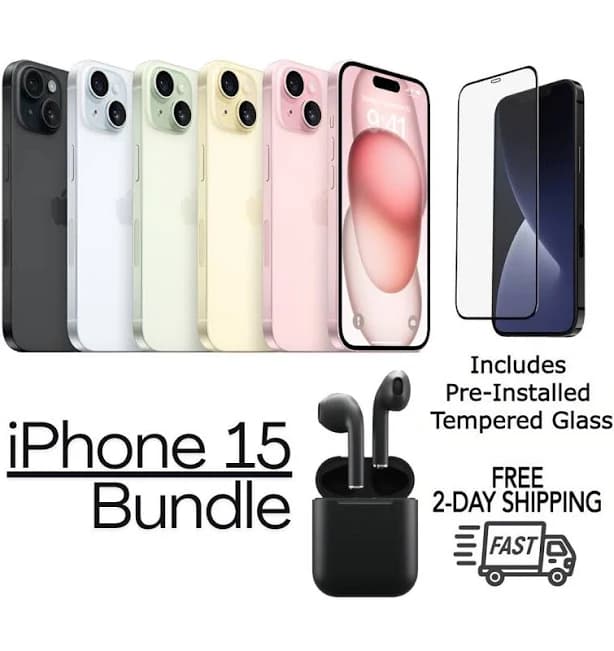 Apple - Refurbished Excellent - iPhone 15 A2846 (Fully Unlocked) 128GB Bundle with Pre-Installed Tempered Glass and Bluetooth Earbuds - Yellow