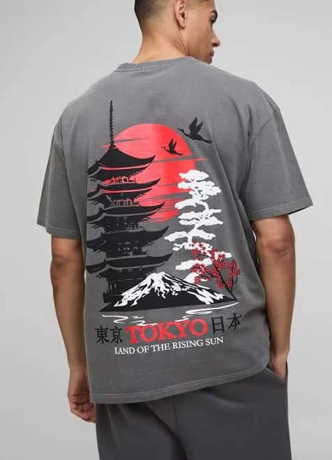 Men's Oversized Tokyo Building Shadow Print Washed T-Shirt | Charcoal | boohooMAN