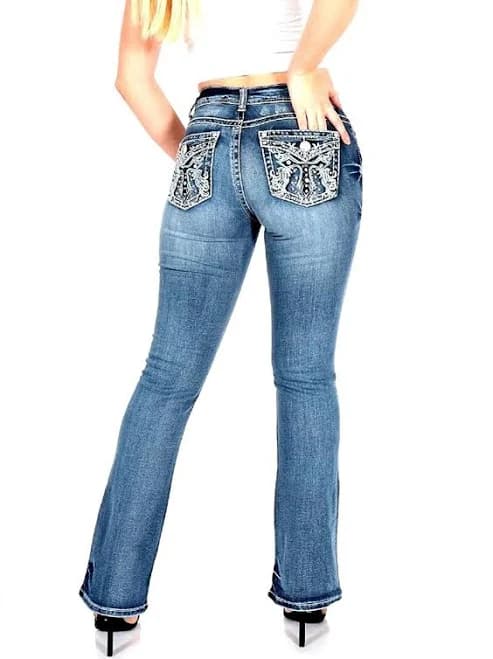 Women's Ripped Bootcut Jeans Mid Rise Flare Bottoms Vintage Distress with Rhinestone Pockets S96-PB