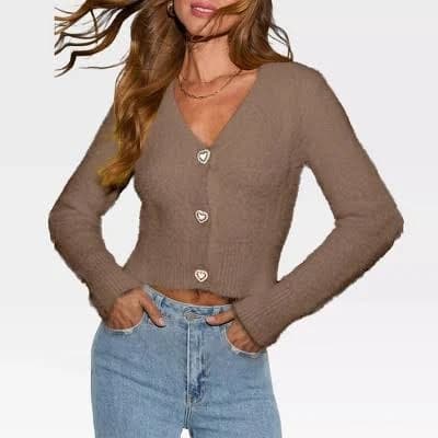 Women's Fluffy Knit Cropped Cardigan with Sweetheart Buttons