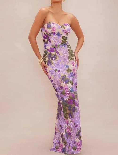 Fashion Nova Evelynn Embroidered Strapless Mesh Sweetheart Midi Dress