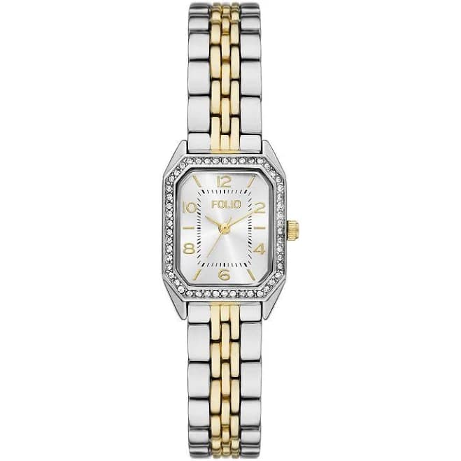 Folio Women's Rectangle Link Bracelet Watch with Simulated Crystal Accents