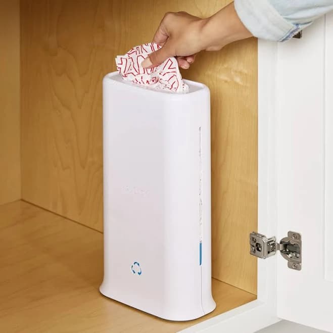 DoorStash Garbage Bag Dispenser, Hanging Kitchen Cabinet Door Trash Bag Organizer with Removable Lid for Storage, Speckled White