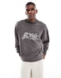 Pull & Bear Raw Edge Front Printed Sweatshirt In Gray | ModeSens