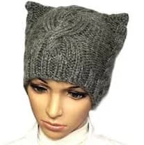 Hand Knit Grey Cat Ear Beanie: Wool Blend Slouchy Hat