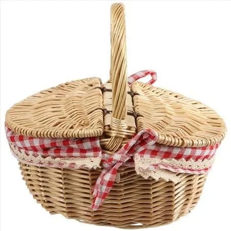 Country Style Wicker Picnic Basket Hamper with Lid and Handle & Liners for Picnics, Parties and BBQs, Beige