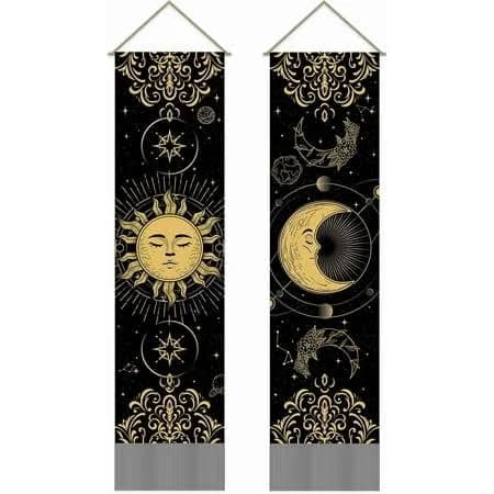 Pack of 2 Sun & Moon Tapestries Constellation & Universe Tapestry Mystical Black & Gold Color Matching Sun & Moon Tassel Tapestry Wall Hanging, Size: