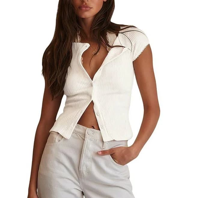 Women's Button Front Ribbed Knit Cardigan T-Shirt Lace Trim Front Slit Casual Top, Size: Large, White