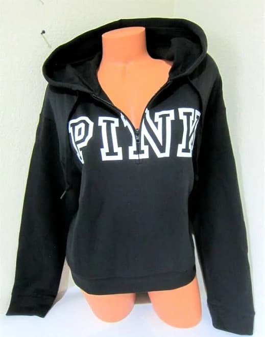 Victoria Secret Pink BLACK WHITE LOGO PULLOVER 3/4 ZIP SWEAT SHIRT HOODIE XS