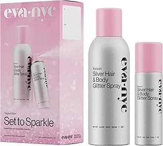 Eva NYC Kweeen Silver Hair and Body Glitter Spray Set - Original Ultra Shimmery Glitter, New Look - Adds Shine + Non-Sticky - Quick Drying Spray - Warm Vanilla Scent - Full Size + Travel Size Gift Set