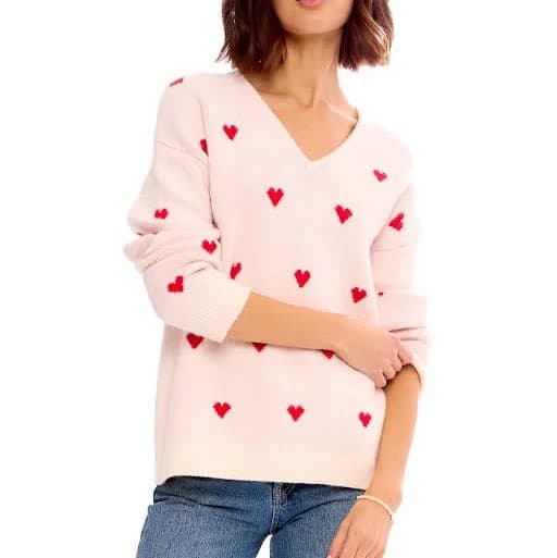 Bobeau Women's Hearts Jacquard V-Neck Sweater