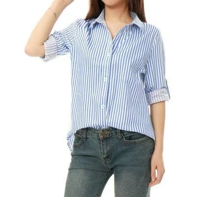Allegra K Women's Striped Button Down Roll-Up Long Sleeve Shirt