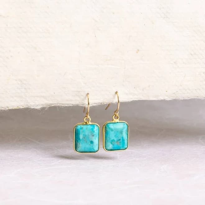 14K Gold Filled Turquoise Emerald Cut Drop Earrings