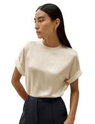 LilySilk Basic Pure Silk Shirt for Women Round Neck Tee for Summer Short Sleeves Breathable Tops Gravel Gold XS at Amazon Women's Clothing store