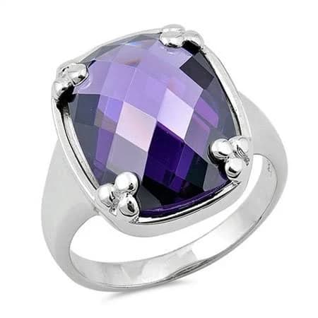 .925 Sterling Silver Large Simulated Amethyst Solitaire Ring