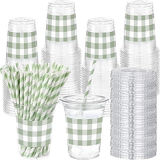 50 Sets 16 oz Sage Green Gingham Party Plastic Cups Green Checkered Plaid Disposable Drinking Cups with Lids and Paper Straws for Christmas Baby Shower Wedding Birthday Party Supplies