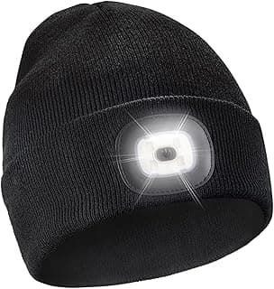 Beanie Hat with Light, Unisex USB Rechargeable LED Headlamp Hat Night Light, Winter Warm Knitted Headlamp Caps, Gift for Men Dads Husband Led Beanie Hats, Black