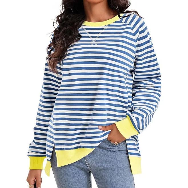 ATHLECHIC Women's Split Hem Striped Color Block Crew Neck Casual Oversized Sweatshirt Shirt Tops