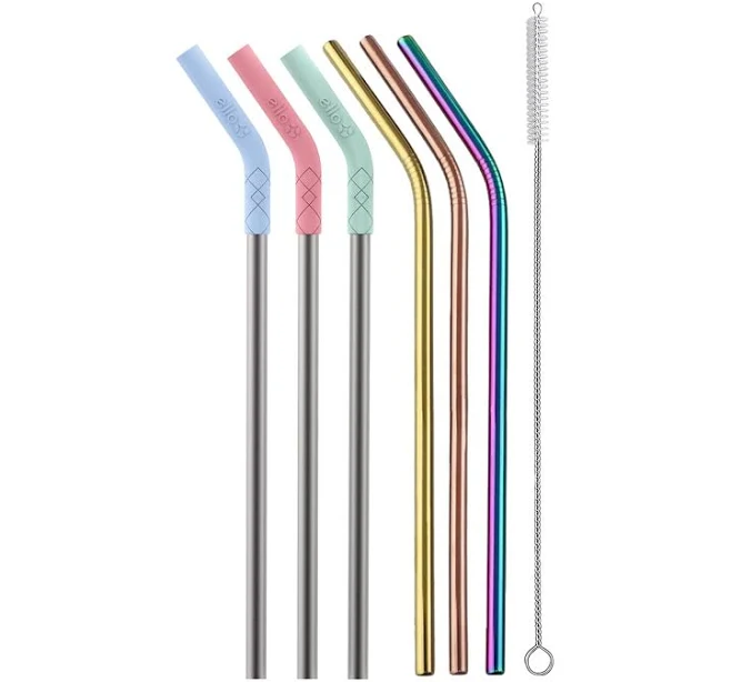 Ello Impact Reusable Stainless Steel Straws with Cleaning Brush (Set of 6)