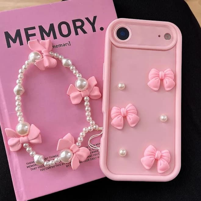 iPhone Air Soft Silicone 3D Bowknot Pearl Phone Case with Beaded Wrist Strap - Pink
