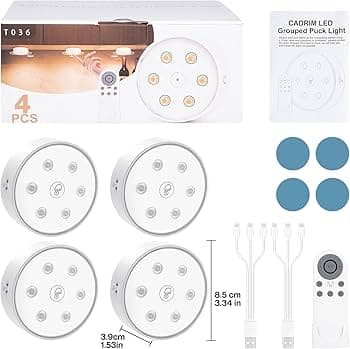 Cadrim Puck Lights, 4 Pack Group Control Under Cabinet Lighting, 16 Colors Changeable LED Puck Lighting, 2000mAh Rechargeable Dimmer Step Light, Night Light for Closet, Kitchen, Counter - Amazon.com